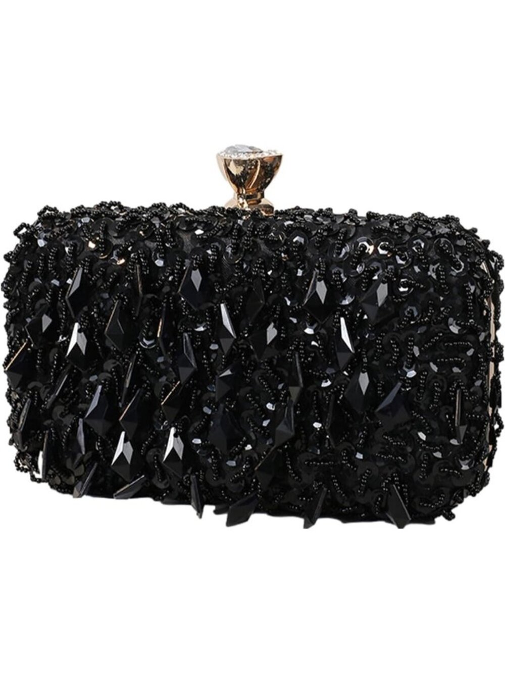 Womens Black Sequin Iridescent Beaded Box Clutch Gold Lock Evening Bag
